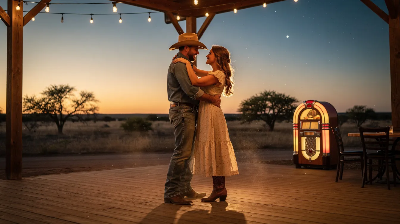 A cowboy and a woman are slow dancing under the stars on a romantic date in Texas, surrounded by the charm of country music and the cowboy lifestyle. Their intimate moment captures the essence of authentic cowboys and the joy of connecting with someone special in the heart of the country.