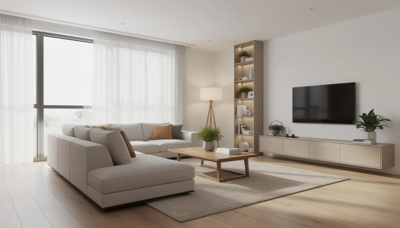The image depicts a clean and modern living room filled with natural light, featuring comfortable furniture that promotes a relaxing atmosphere. This inviting living space emphasizes good indoor air quality, highlighting the importance of fresh air and effective air filters to ensure a healthy environment free from airborne contaminants and allergens.