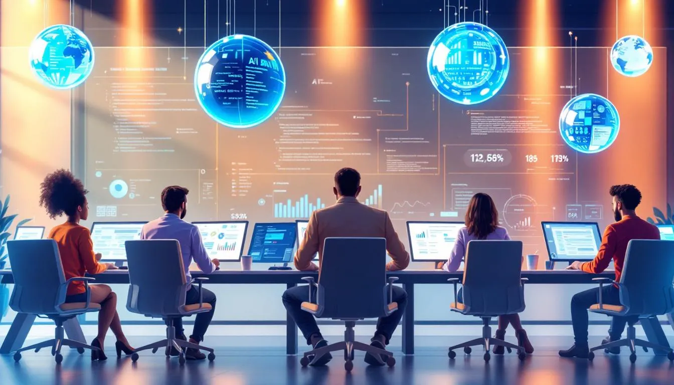 The image illustrates a conceptual shift in software development, showcasing AI tools tailored for specific industries like gaming, fintech, and biotech. It emphasizes the hybrid development model where AI handles the majority of coding tasks, allowing humans to focus on critical logic and problem-solving, reflecting a fundamental shift in developer roles from traditional programming to AI orchestration.