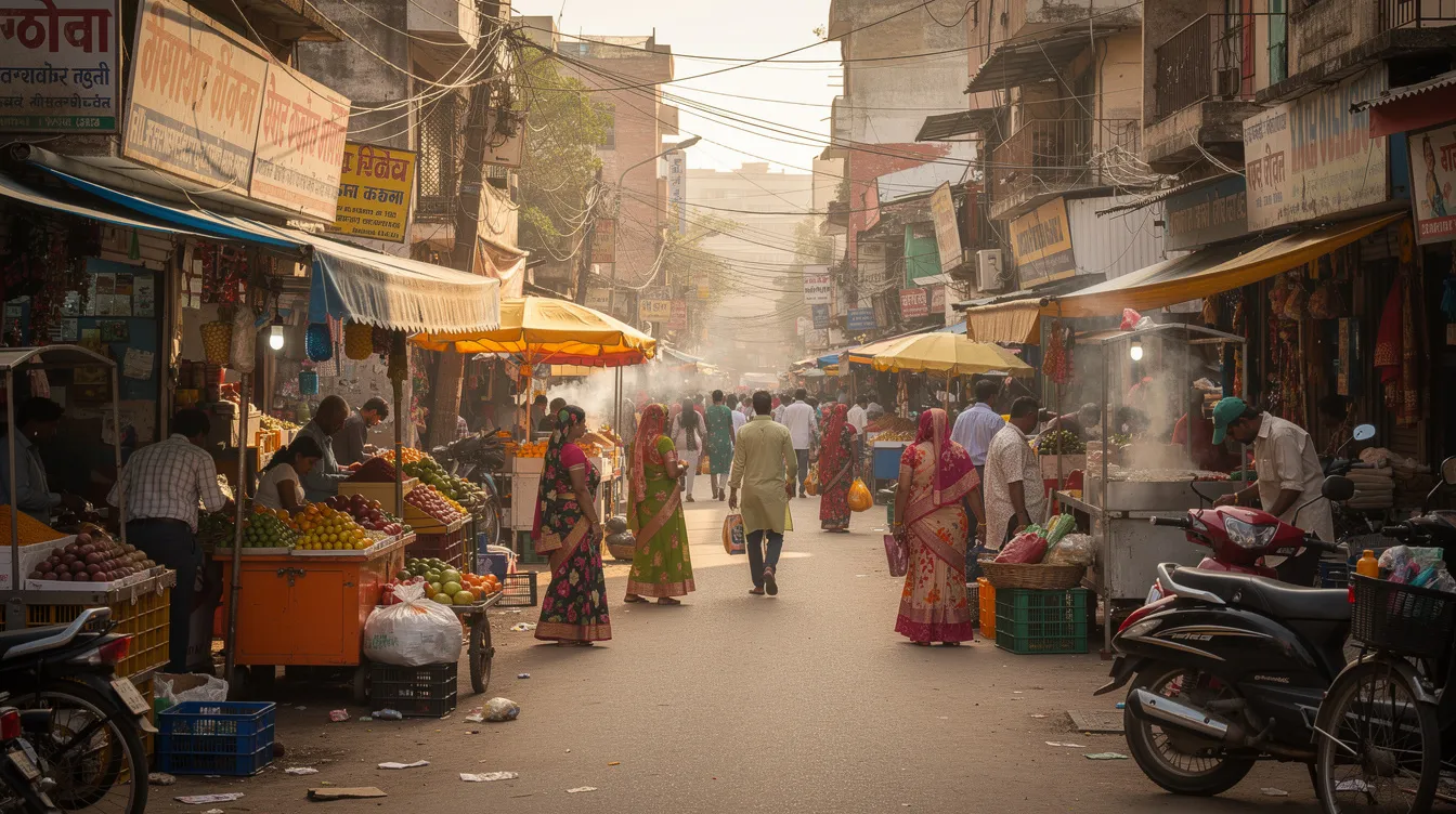 98632ed5 0b53 41b7 849d f9d19420271f The image depicts a bustling local Indian market street filled with small shops and pedestrians, showcasing a vibrant atmosphere of commerce. The scene reflects the essence of micro enterprises, where business owners engage in daily transactions, emphasizing the importance of a solid business plan and financial documents for securing loans and supporting their entrepreneurial ventures.