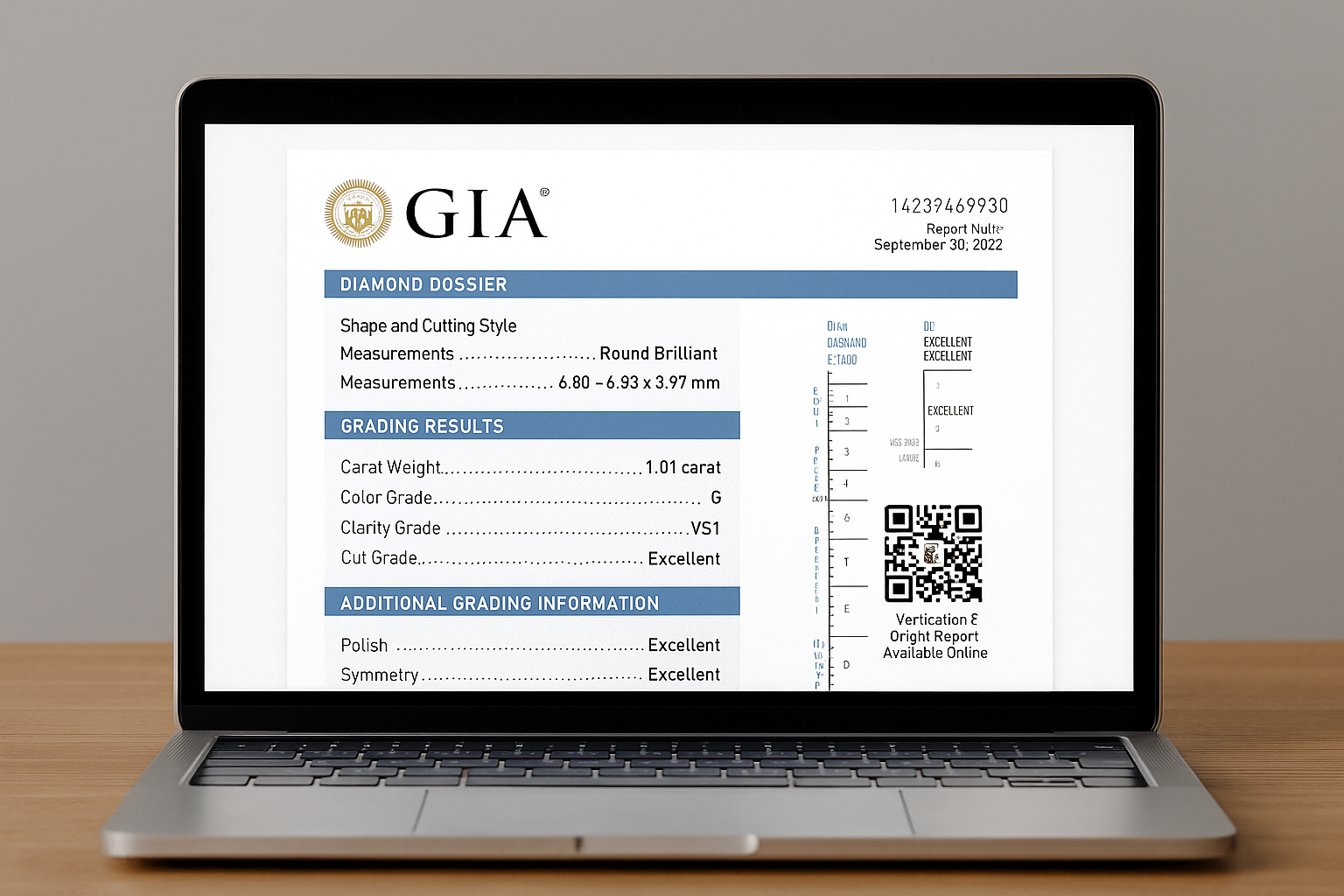 Kompiuterio ekrane atidarytas GIA deimanto sertifikatas su QR kodu, leidžiančiu patikrinti deimanto kilmę blokų grandinės sistemoje.