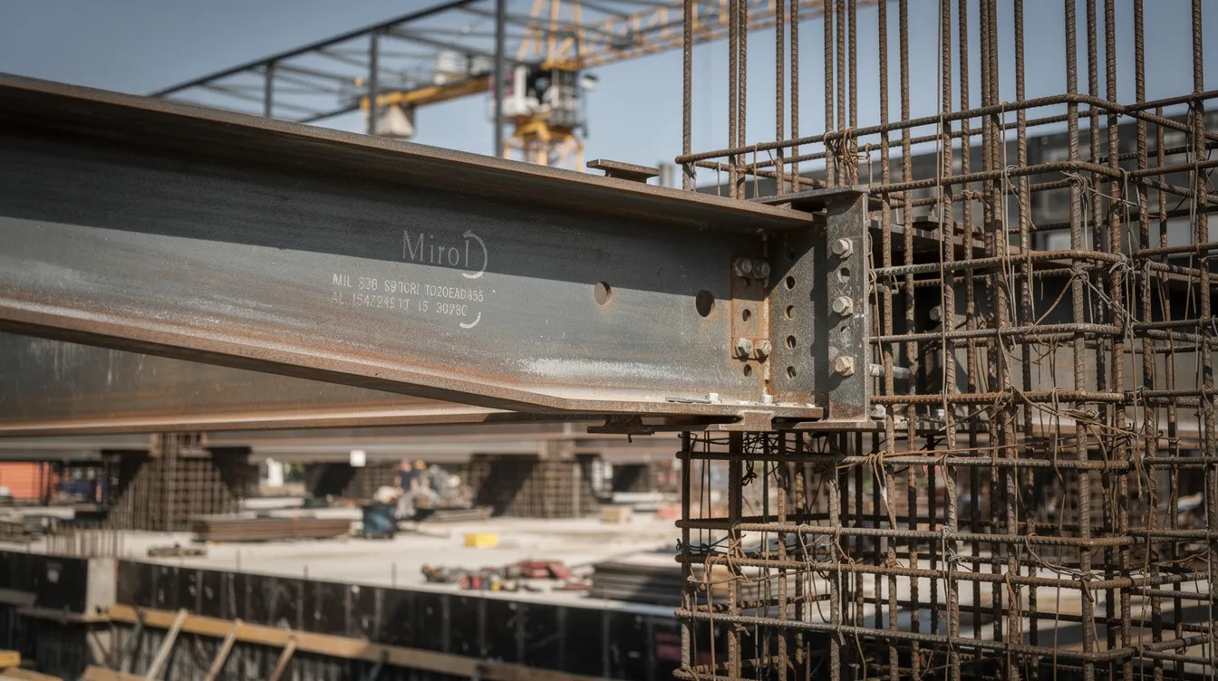 The image features a close-up view of structural steel beams and rebar at a large commercial construction site, highlighting key materials essential for project management in the construction industry. This visual representation underscores the importance of accurate cost forecasting and understanding commercial construction costs, particularly in Central Texas, where rising expenses and labor shortages are prevalent.