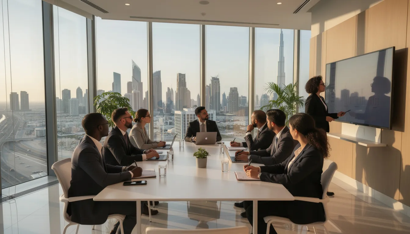 The image depicts a team meeting in a modern Dubai office, where professionals are engaged in discussions about corporate governance and commercial matters. The contemporary setting reflects a collaborative environment, essential for addressing legal expertise in UAE commercial companies law and navigating complex commercial disputes.