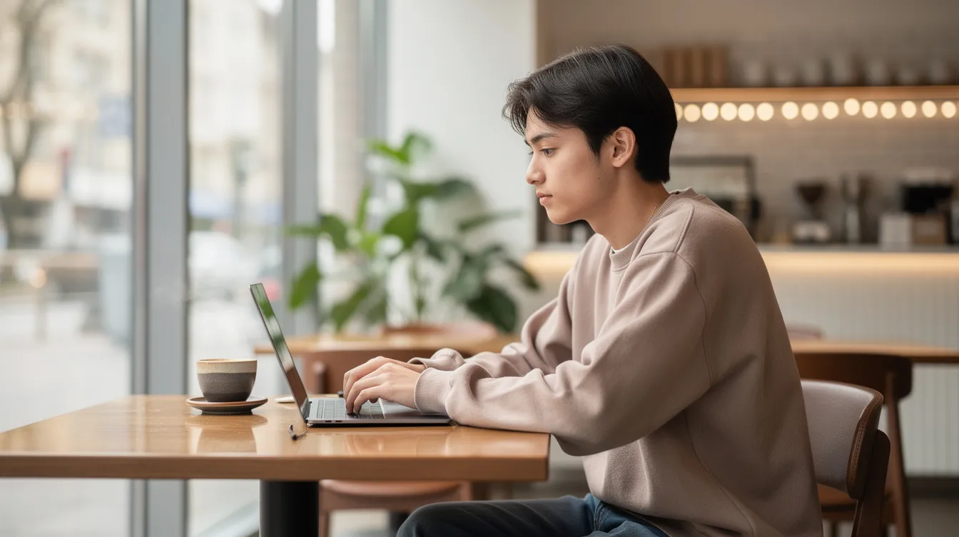 A young person is sitting in a bright cafe, focused on their laptop while enjoying a cup of coffee, exemplifying a relaxed atmosphere conducive to managing personal finance. They might be using budgeting apps to track spending and plan ahead for upcoming bills, highlighting the importance of financial management in their daily life.