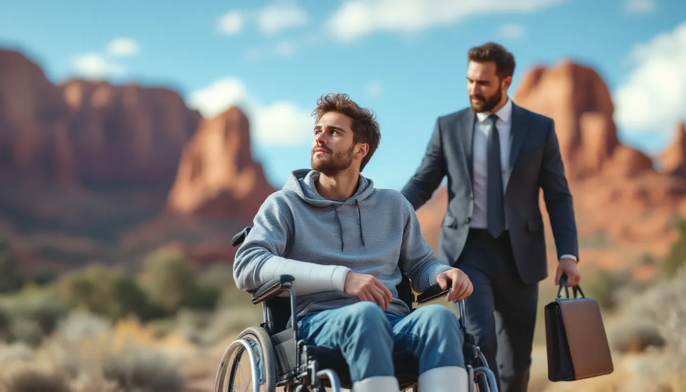A young man in a wheelchair and a cast is being assisted by an attorney as they leave a hospital, with the scenic backdrop of New Mexico visible behind them. This image highlights the aftermath of a motorcycle accident and the importance of legal representation for accident victims seeking fair compensation.