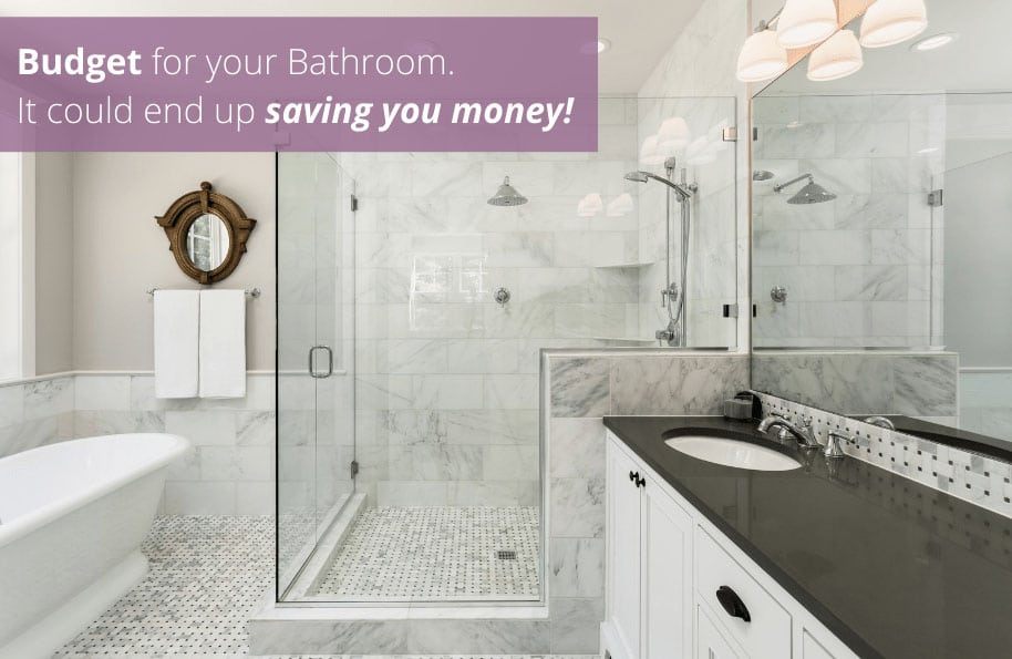 Elegant bathroom with white cabinets, black countertop, shower, and tub