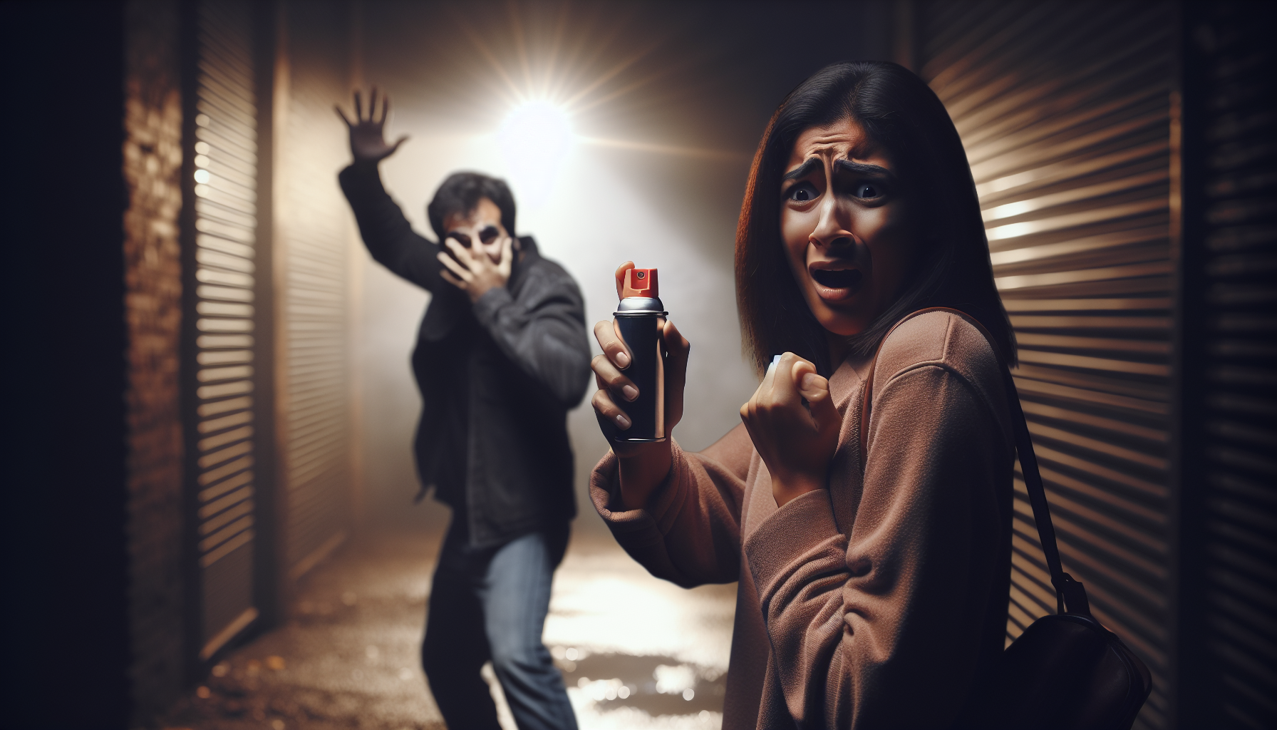 A person successfully using pepper spray in a self-defense situation