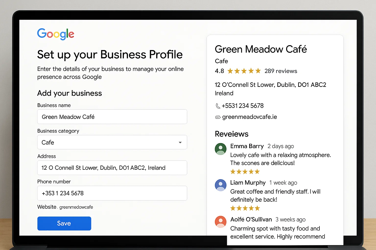 Google Business Profile interface with Irish business details and positive reviews.