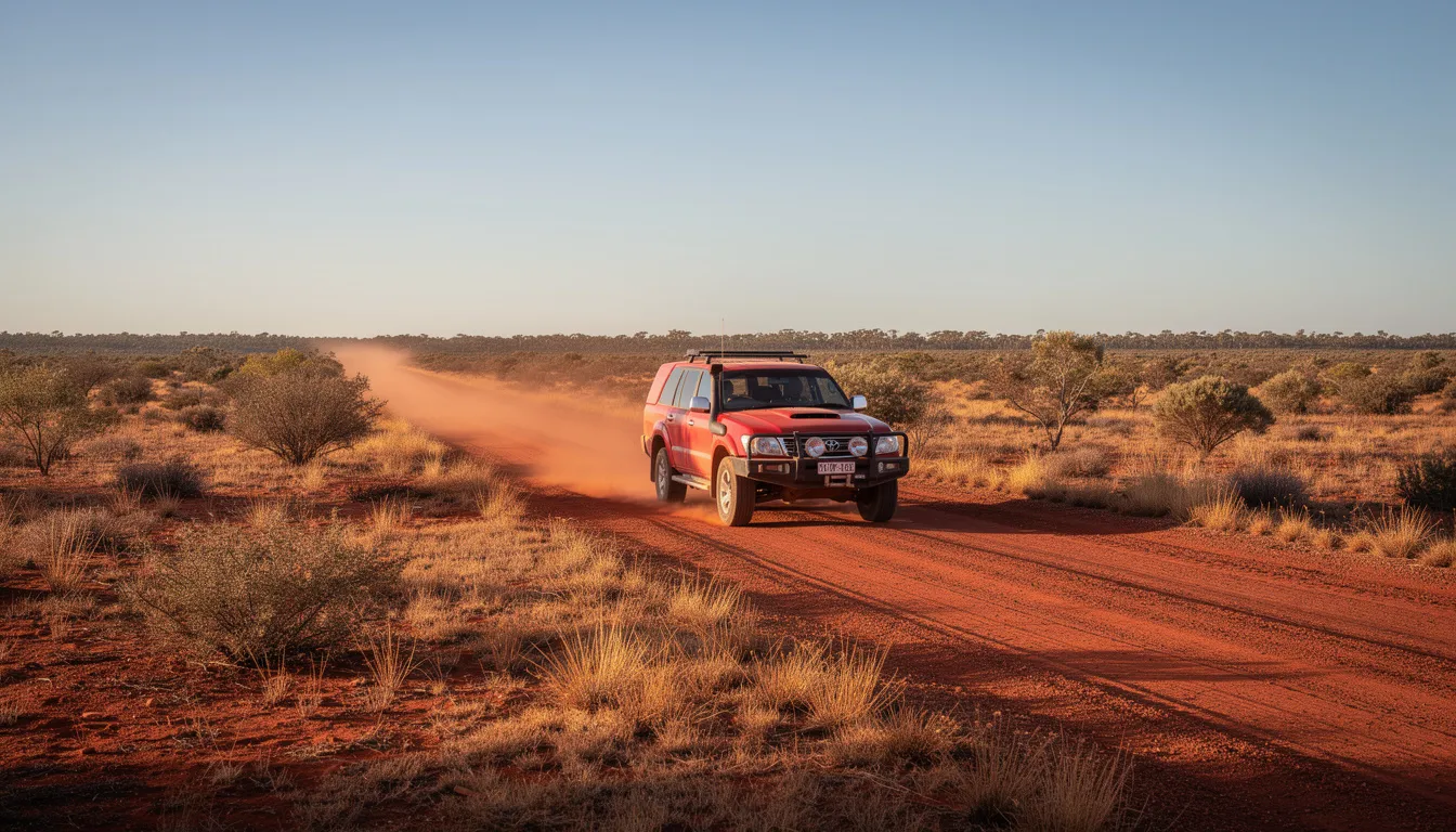 A red 4WD vehicle is driving along a dusty outback road, surrounded by sparse vegetation typical of the Australian landscape. This used car, with its vehicle identification number, may have a history that includes previous owners and potential security interests, which can be verified through a PPSR check for consumer protection.