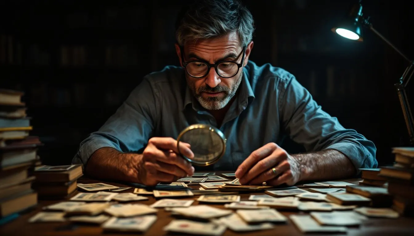 A person is carefully examining vintage baseball cards with a magnifying glass, paying close attention to the details and quality of each card. The setting suggests a dedicated study or shop environment, emphasizing the importance of preserving and appreciating these historical collectibles.