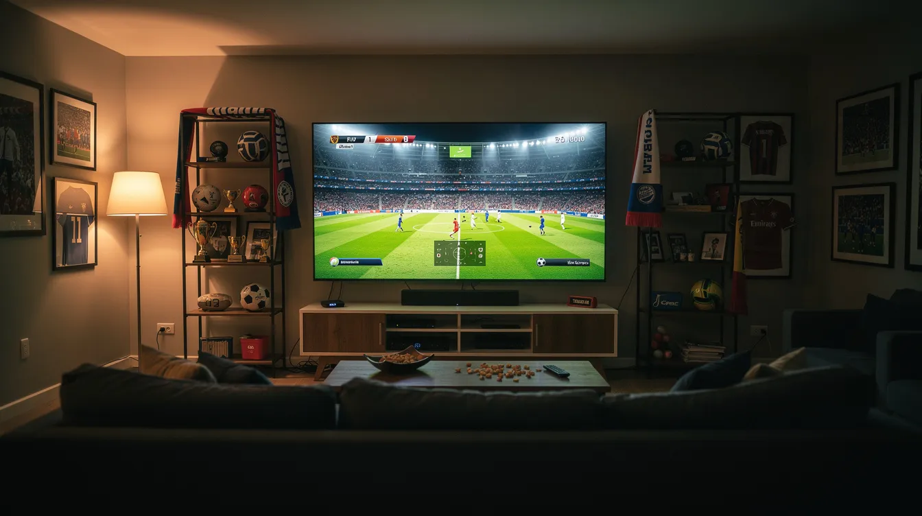 The image features a large flat screen television showcasing a live soccer match, set in a dimly lit room adorned with various sports memorabilia on shelves. This cozy atmosphere highlights the appeal of watching live sports through reliable IPTV services, perfect for sports fans seeking high-quality streaming and an engaging viewing experience.