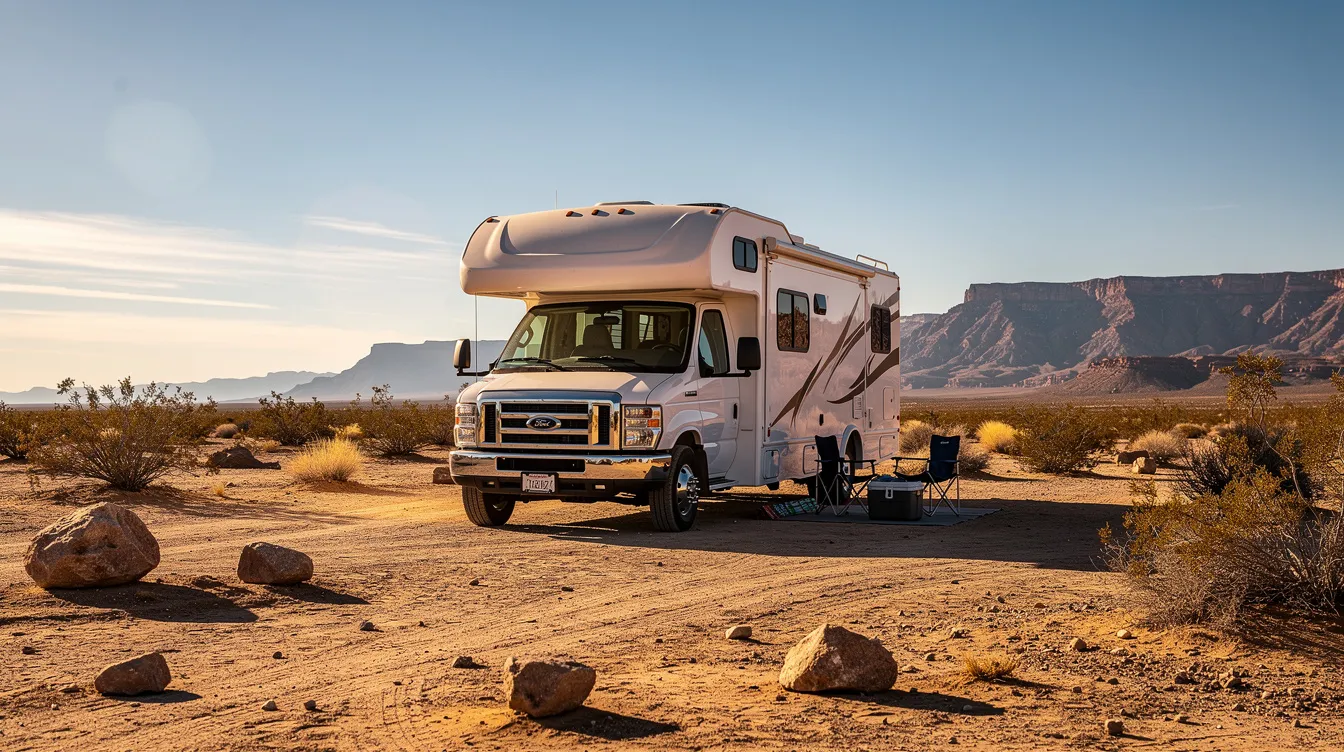An RV motorhome is parked at a sunny desert campsite, with shimmering heat waves rising from the ground, indicating the hot weather. The scene captures the essence of outdoor relaxation, while also hinting at potential issues like failing AC components that could affect the RV's cooling performance.