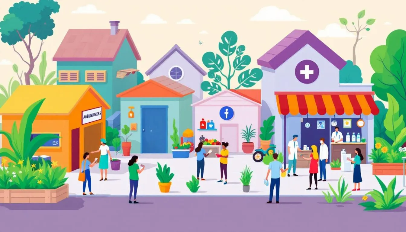 A vibrant scene of various small businesses thriving with the help of Mudra loans, including agribusiness centres and medicine shops.