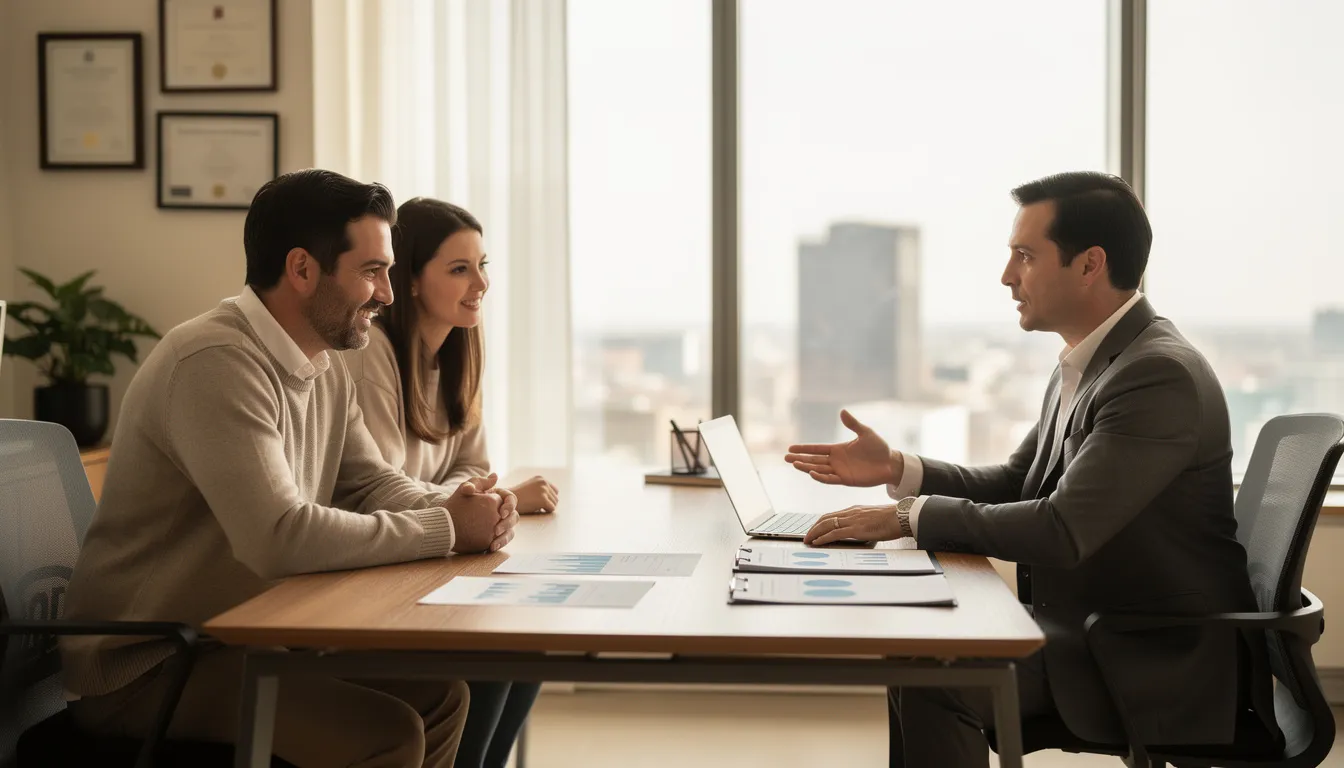 A couple is sitting in an office with a financial advisor, discussing estate planning and how to protect their assets for their loved ones. The advisor is providing guidance on essential legal questions and resources to help them navigate this major life event.