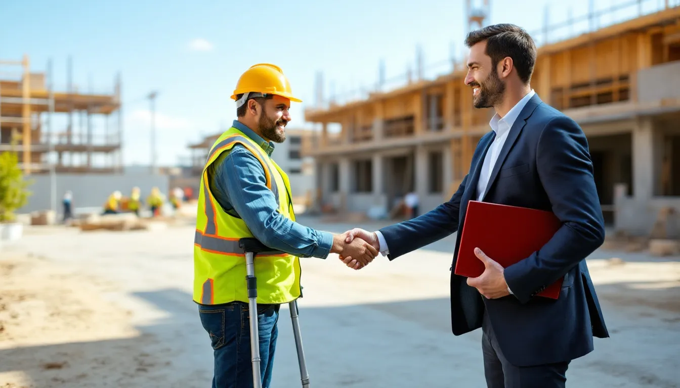 A worker at a job site, wearing a hard hat and using crutches, shakes hands with an attorney, symbolizing the support for injured workers navigating workers compensation claims. This interaction highlights the importance of legal representation in securing fair compensation for medical expenses and lost wages after a workplace injury.