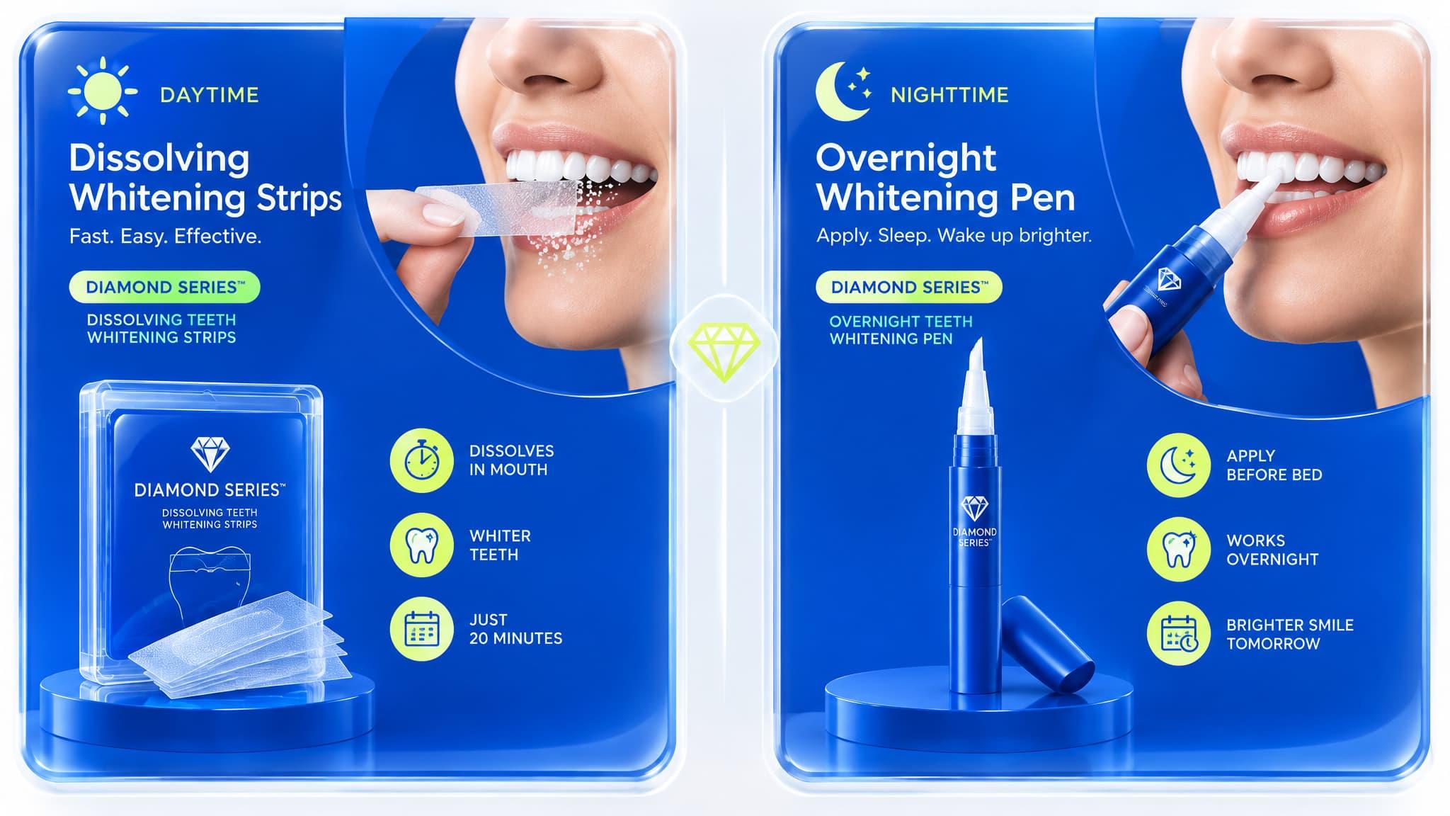 Product panels comparing SNOW Diamond Series Dissolving Whitening Strips for daytime use with the Overnight Teeth Whitening Pen for nighttime use