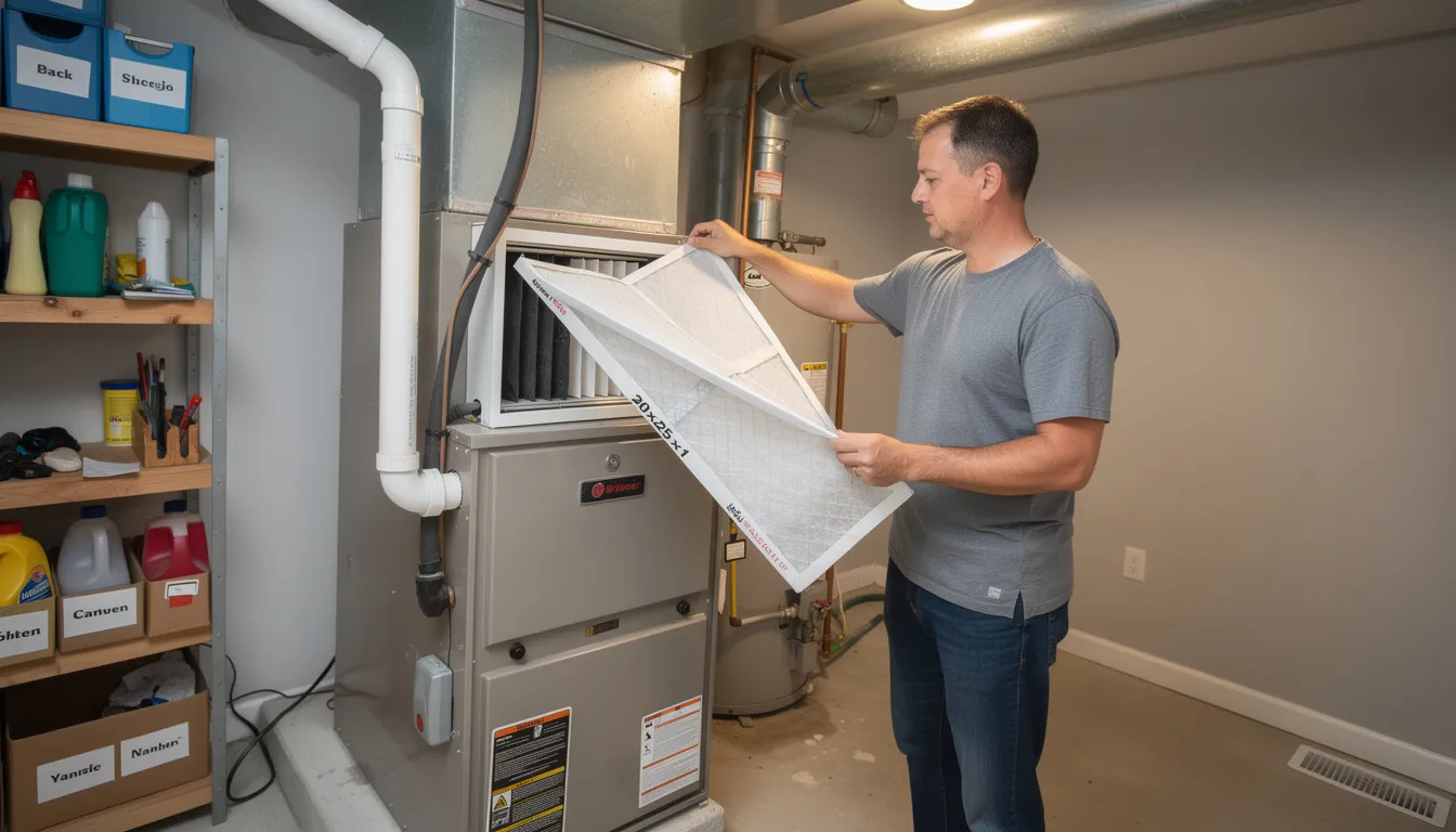 A homeowner is changing the air filter in their HVAC system located in a utility room, ensuring proper ventilation and air conditioning for improved energy efficiency. The scene highlights the importance of regular maintenance for optimal heating and cooling performance.
