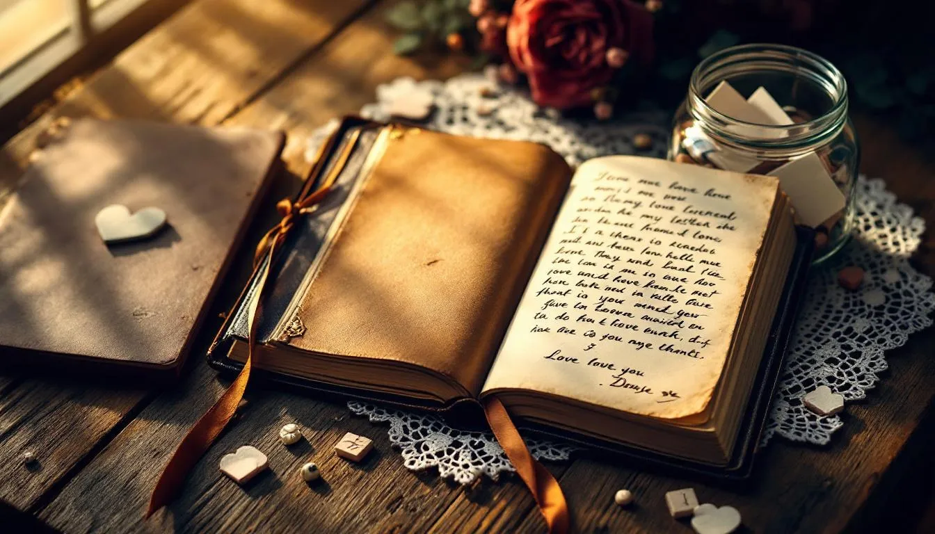 Sentimental keepsakes displayed, including a love letter book and a memory jar, perfect anniversary gifts.