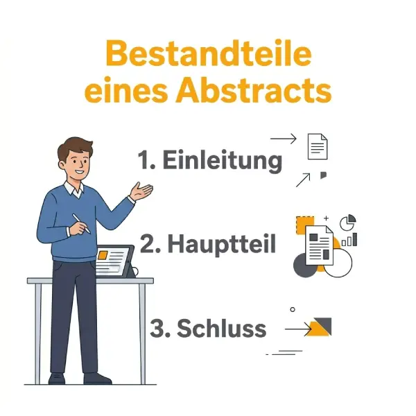 Infografik zu den Bestandteilen eines Abstracts mit Einleitung, Hauptteil und Schluss