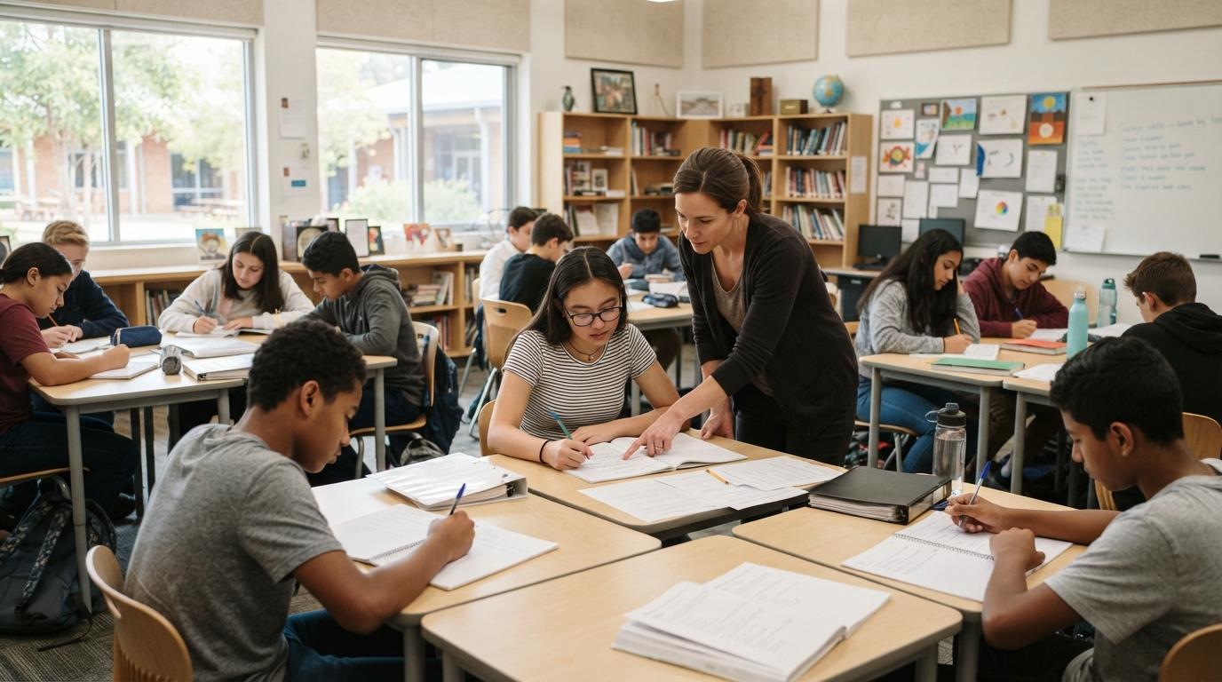 Modern classroom photograph featuring students actively engaged in writing while a teacher circulates to provide feedback, authentic educational setting, natural lighting.