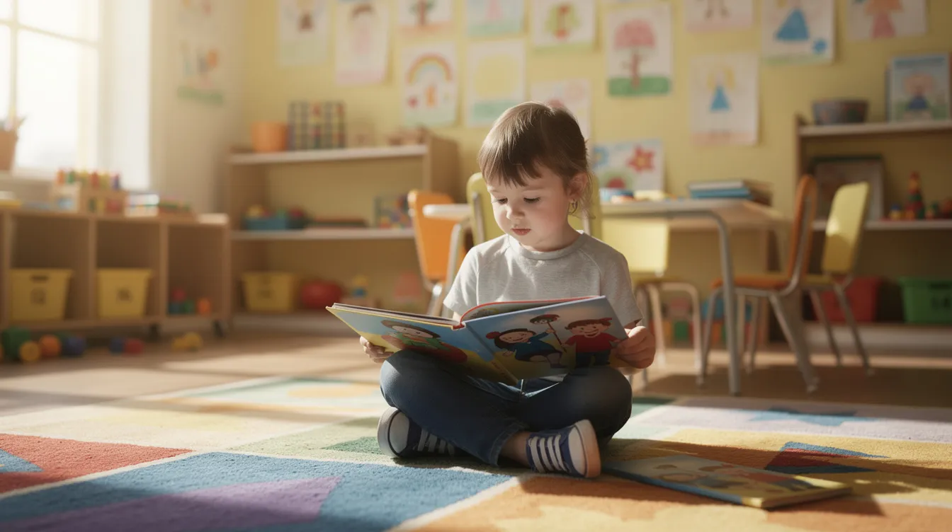 Na obrazku widoczne jest dziecko siedzące na dywanie w szkolnej sali, kt&oacute;re z zaangażowaniem czyta kolorową książeczkę z obrazkami. W tle można dostrzec elementy edukacyjne, kt&oacute;re mogą wspierać naukę, takie jak materiały do ćwiczeń z zakresu obliczania obwodu figur geometrycznych czy tematyka zajęć związana z rozwijaniem umiejętności czytania.