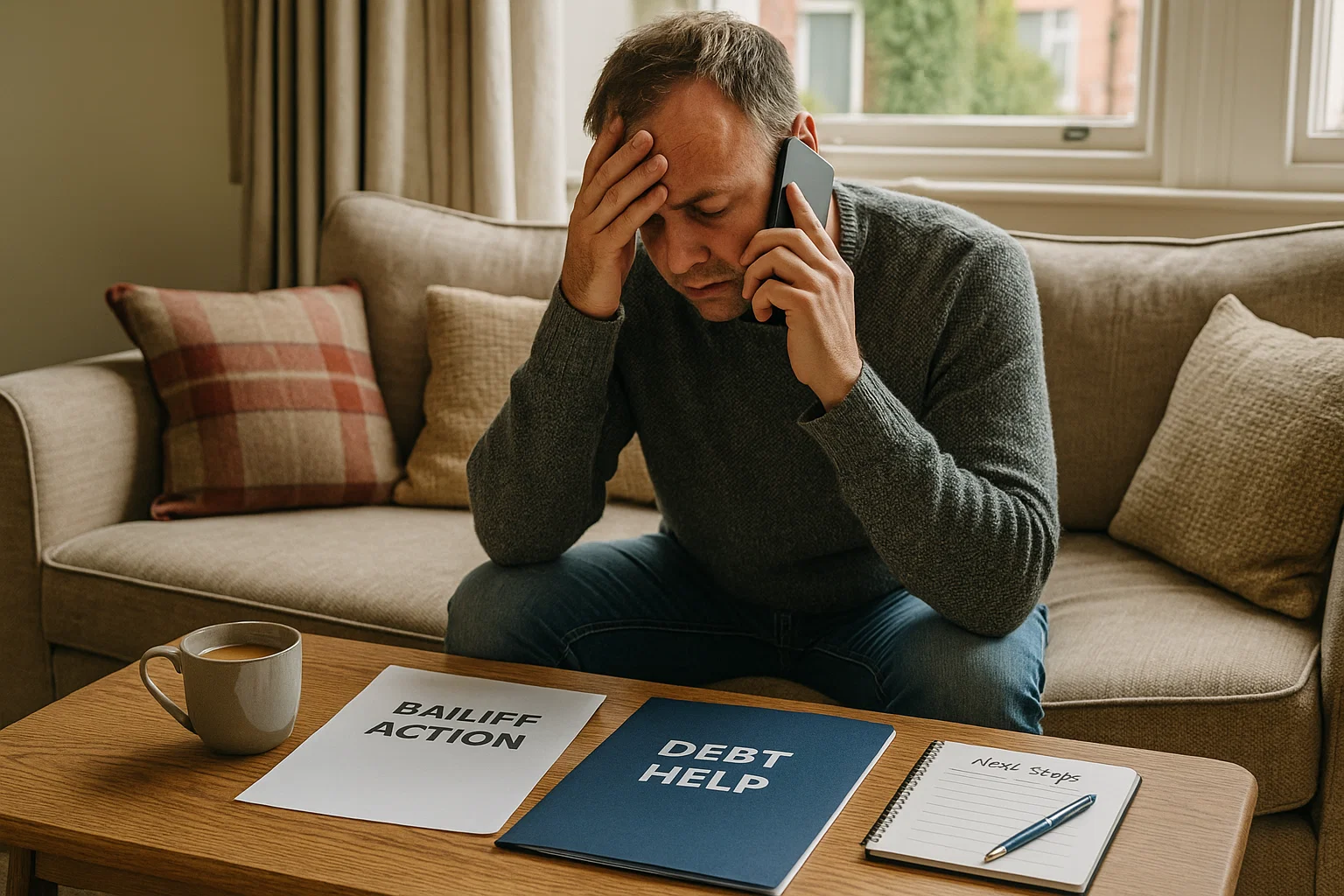 Person in a UK living room calling a debt advice helpline with bailiff action papers and a debt help folder on the table.