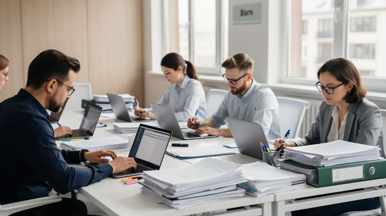 Na zdjęciu widać pracowników biura rachunkowego, którzy analizują dokumenty przy laptopach, co ilustruje codzienną pracę księgowego. Automatyzacja procesów księgowych oraz nowoczesne technologie wspierają ich w efektywnym zarządzaniu finansami firmy.