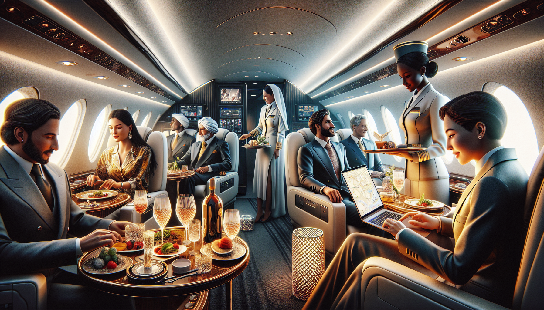 Illustration of luxurious in-flight services on a private jet