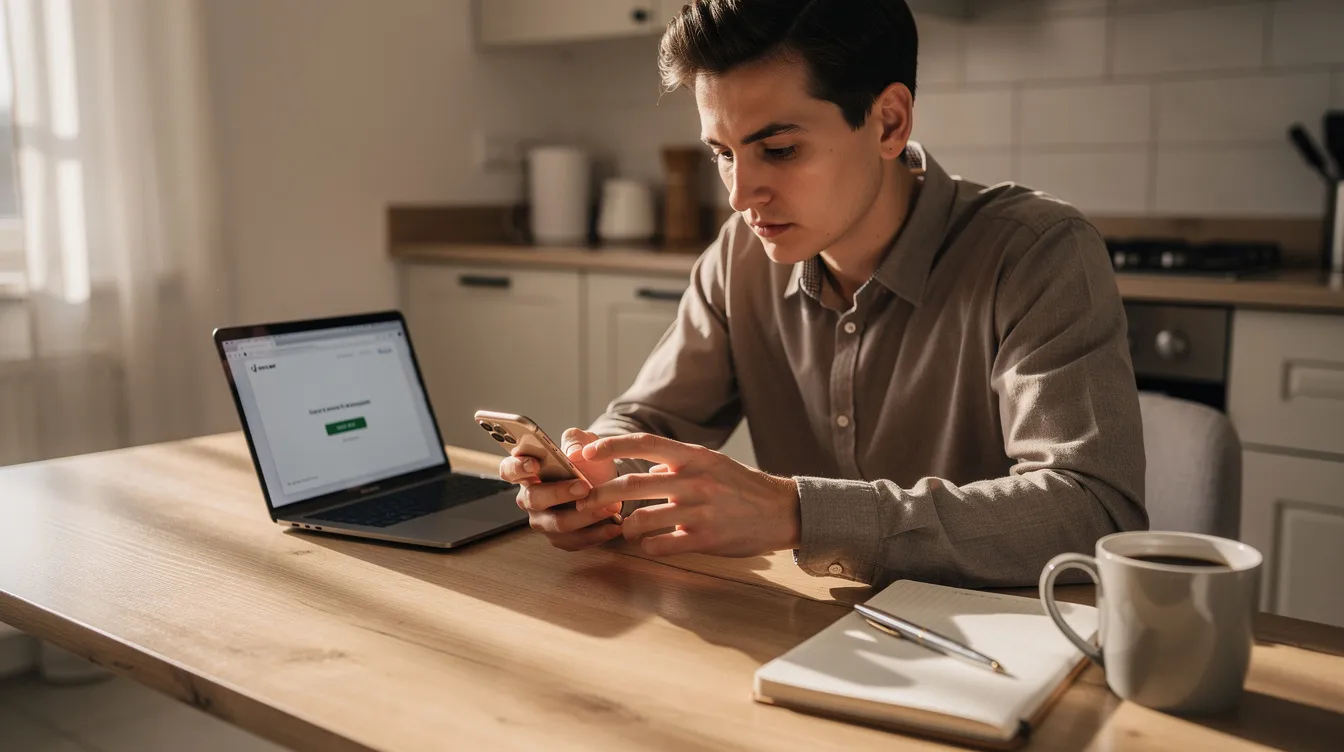 A person is sitting at a kitchen table, focused on their smartphone as they complete a financial transaction using the bkash app. The scene illustrates the ease of sending money to Bangladesh, highlighting the convenience of mobile wallets for transferring funds securely and efficiently.