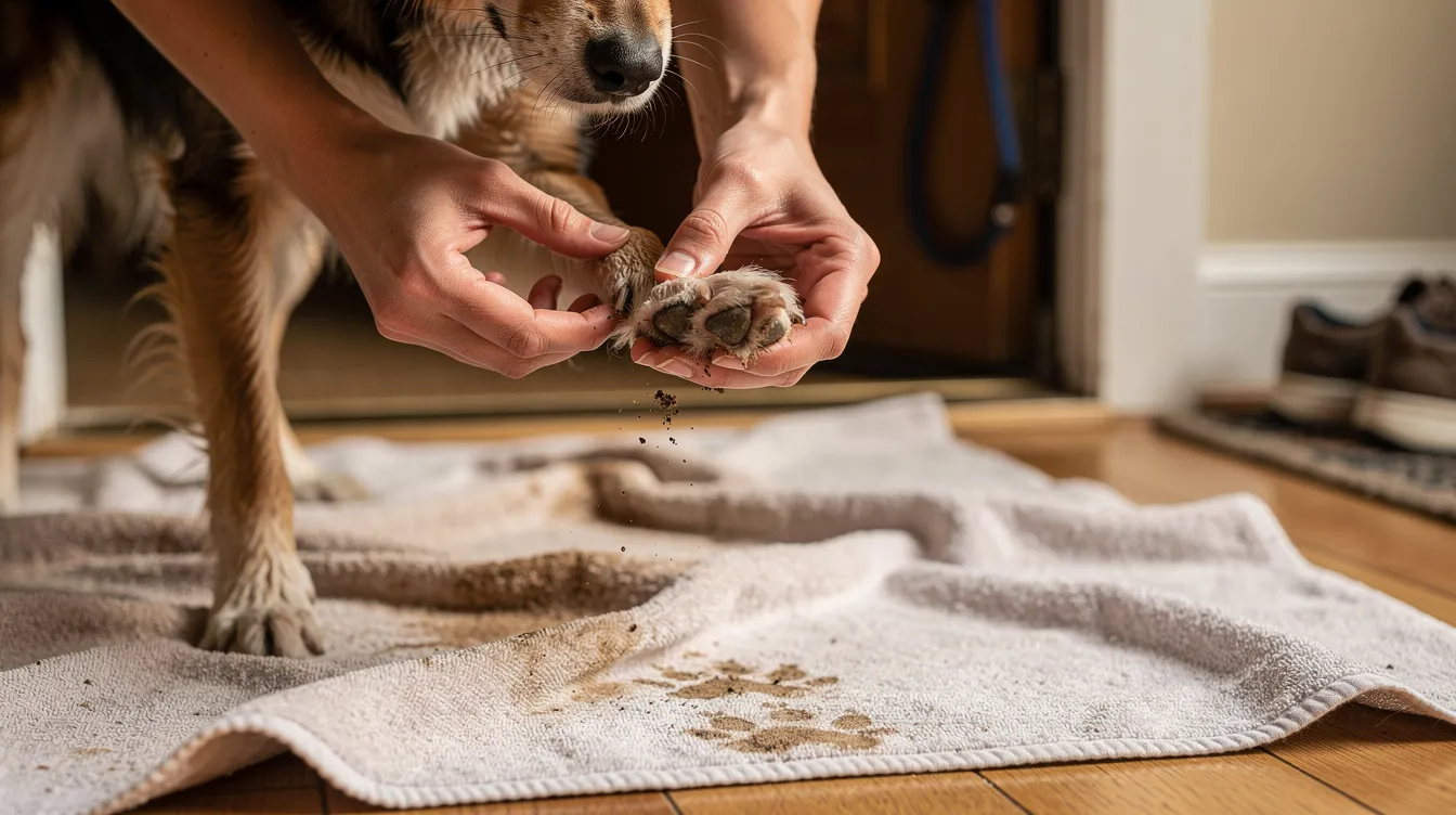 A dog stands on a towel while its owner gently inspects its paws after a walk, ensuring the dog's nails are trimmed and checking for any skin irritation or debris. This grooming routine helps maintain the dog's healthy skin and coat, preventing potential health issues.