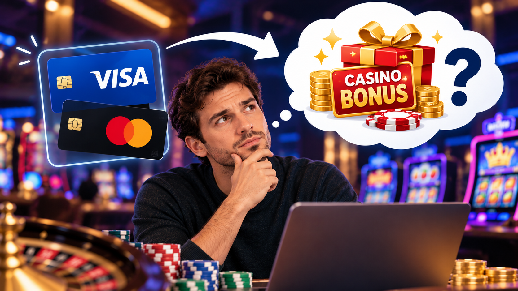 Person som funderar på om det går att få casinobonus vid insättning med Visa eller Mastercard.