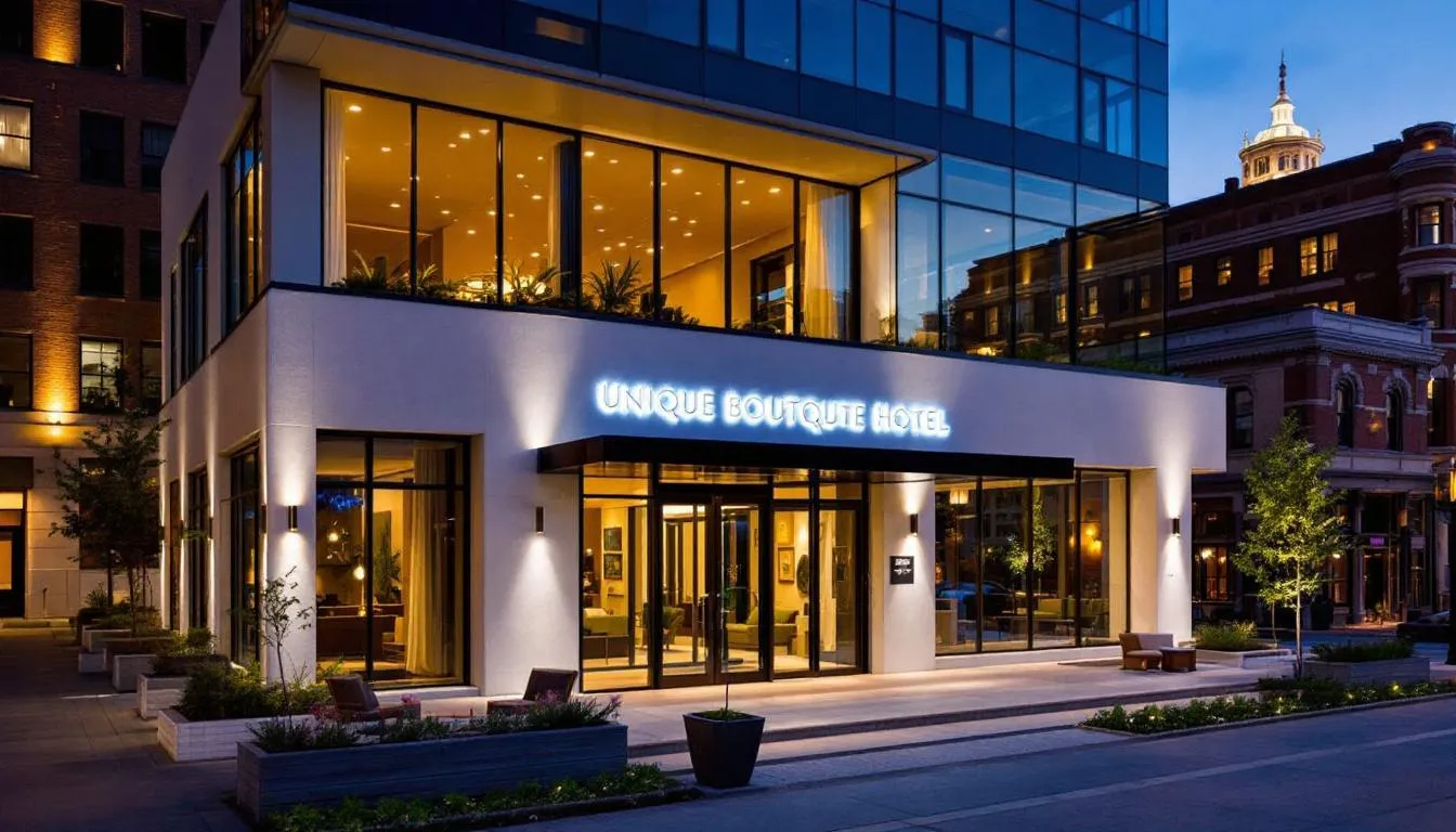 In this image, a charming boutique hotel in downtown Lexington, Kentucky, showcases its unique accommodations featuring modern conveniences like spacious suites with comfortable beds and natural light. Guests can enjoy the warm ambiance of the property, complete with a cozy fireplace and a lovely garden, making it an ideal place to stay while exploring Lexington's attractions, including the Kentucky Horse Park and the Bourbon Trail.