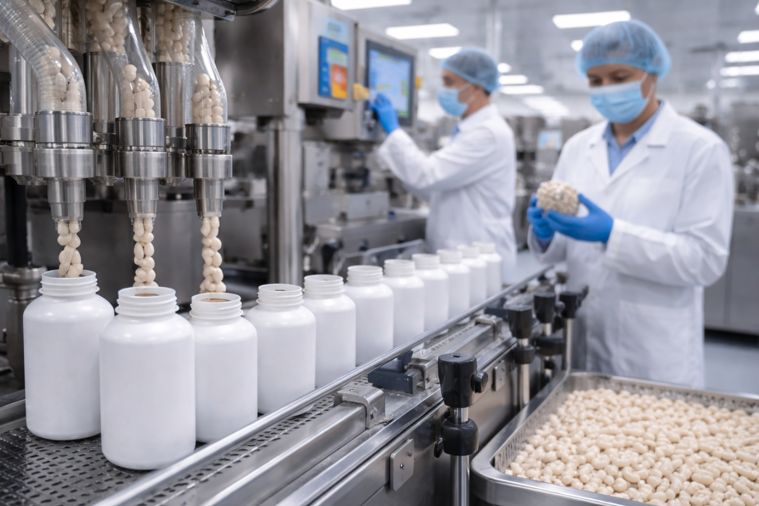 A production line filling white plastic bottles with capsules, with workers in lab coats and face masks overseeing the process.