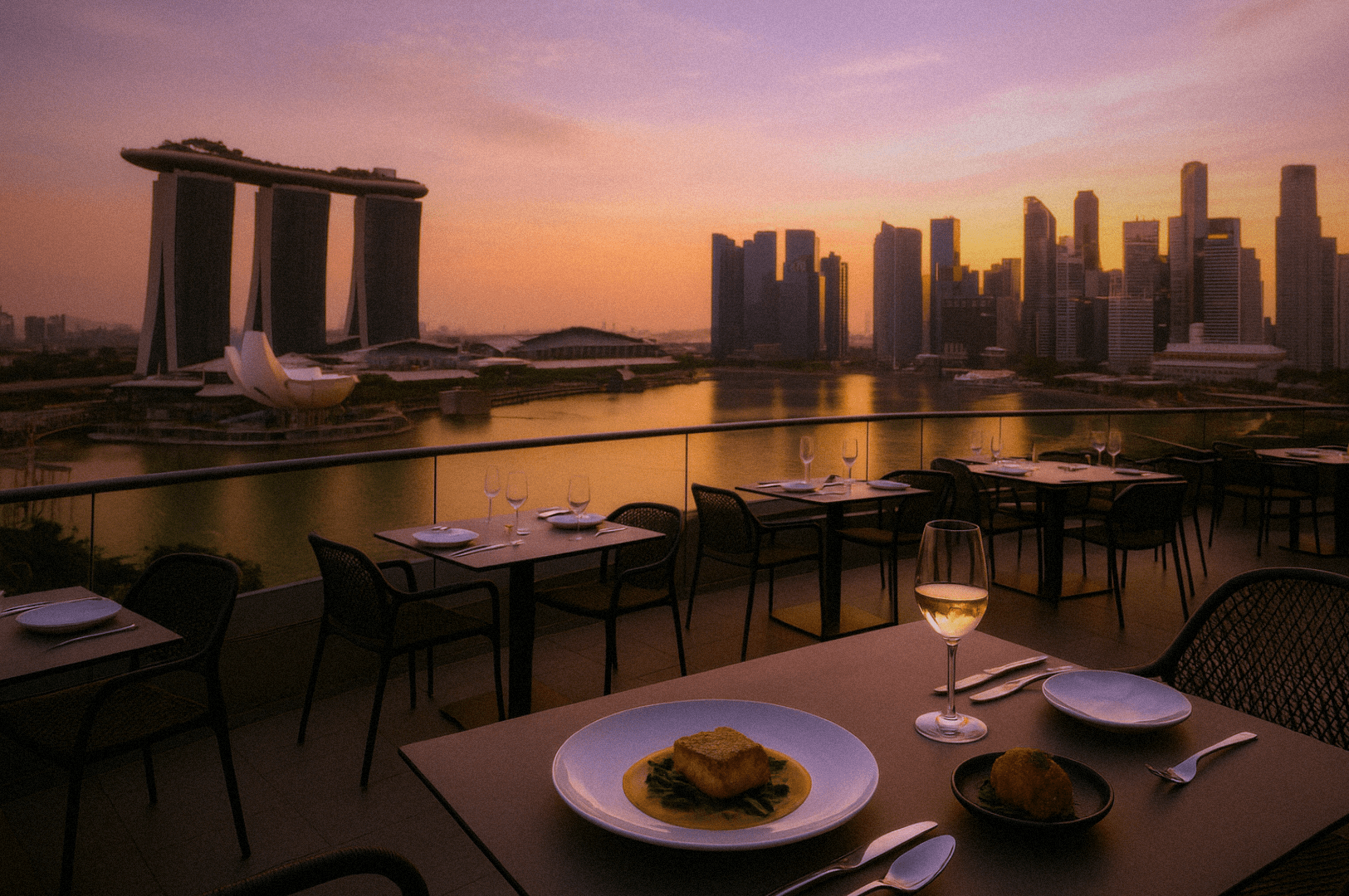 Romantic rooftop dining setup in Singapore with gourmet cuisine and white wine overlooking Marina Bay Sands, ArtScience Museum, and the stunning Singapore skyline. This luxury restaurant with a view offers breathtaking views of Marina Bay, Marina Bay Financial Centre, and Downtown Singapore, ideal for special dinners, weekday lunch, or happy hour. Surrounded by alfresco balconies and panoramic skyline views, it's one of the best rooftop restaurants and bars in the Marina Bay area, near Sentosa Island, Collyer Quay, Civic District, Raffles Place, Ocean Financial Centre, and OUE Bayfront—perfect for private dining rooms, club lounge experiences, and unforgettable nights in the city.