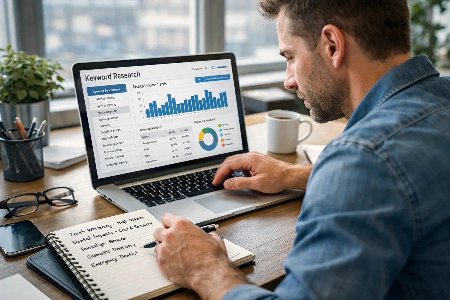 Digital marketer researching dental keywords for PPC advertising campaigns