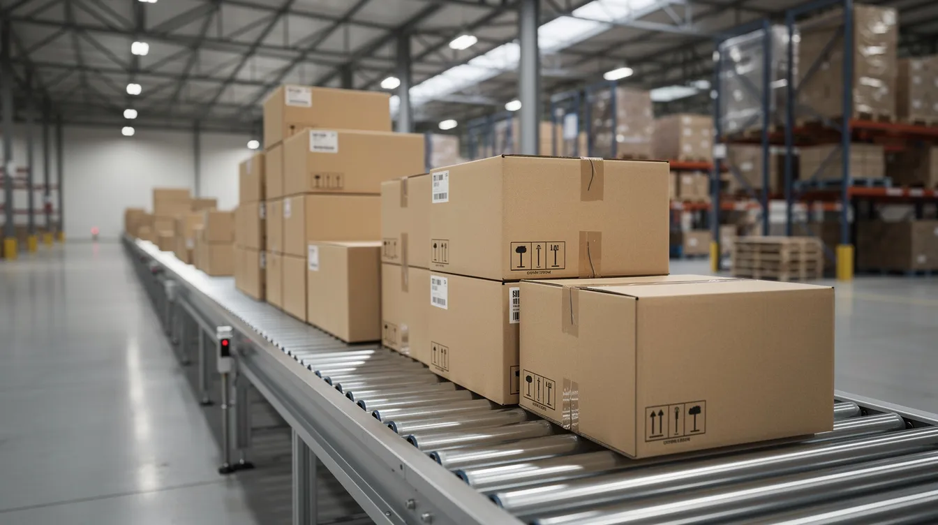The image shows a series of stacked cardboard shipping boxes moving along a conveyor belt in a warehouse, indicative of a busy dropshipping business operation. This setup highlights the importance of efficient logistics in managing business finances and fulfilling customer orders.