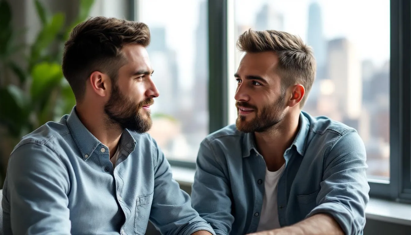 In this intimate portrait, a gay couple in NYC engages in a heartfelt conversation against the backdrop of the Manhattan skyline, reflecting the emotional intimacy often explored in gay couples therapy. Their expressions convey a deep connection, highlighting the importance of open communication and support in healthy gay relationships.