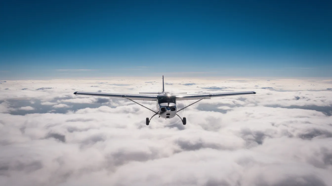A small single-engine airplane soars above a thick blanket of white clouds under a clear blue sky, showcasing the beauty of instrument flying conditions. This scene captures the essence of private pilot training, where mastering instrument skills is essential for safe flight.