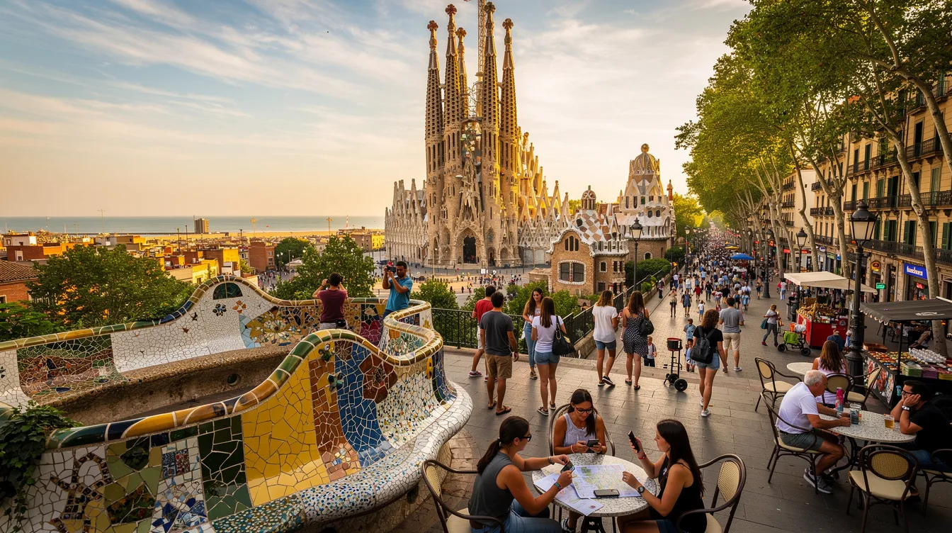 A imagem retrata uma vista panorâmica de Barcelona, com suas famosas arquiteturas, como a Sagrada Família e o Parque Güell, cercadas por um céu azul. Essa cidade é um destino popular para turistas que buscam experiências culturais e passeios inesquecíveis, oferecendo opções de hospedagem e serviços para toda a família.