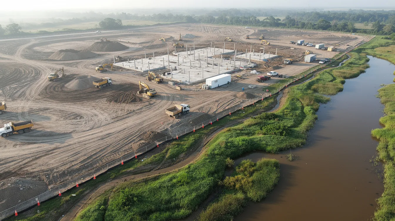 An aerial view shows a large commercial construction site with earth-moving equipment operating near a small stream and adjacent wetlands, highlighting the interaction between construction activities and water resources. The scene emphasizes the importance of compliance with federal regulations, such as the Clean Water Act, to protect jurisdictional waters and maintain water quality in the area.