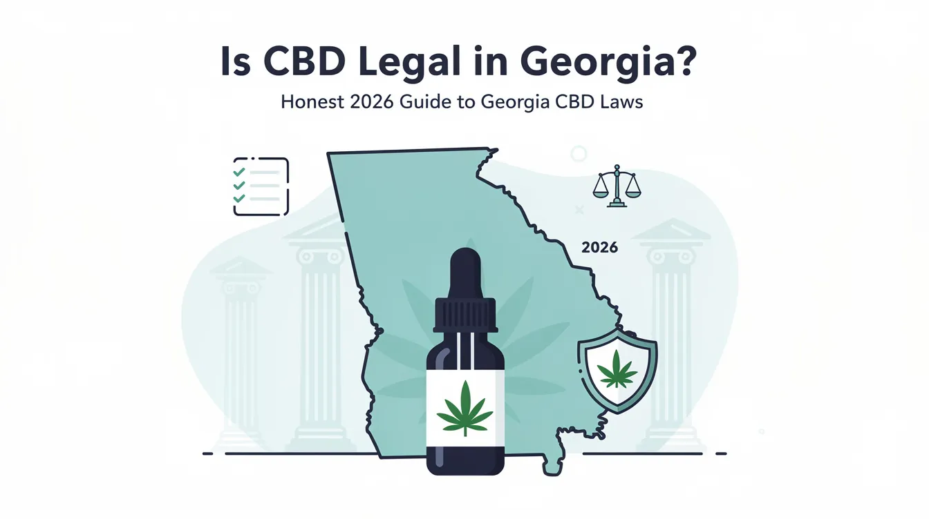 The image features a guide titled "Is CBD Legal in Georgia? Honest 2026 Guide to Georgia CBD Laws," highlighting essential information about hemp-derived CBD products, medical cannabis access, and Georgia's cannabis regulations. It visually represents the legal landscape surrounding CBD oil and its use in Georgia, emphasizing the Georgia Hemp Farming Act and the medical cannabis program.