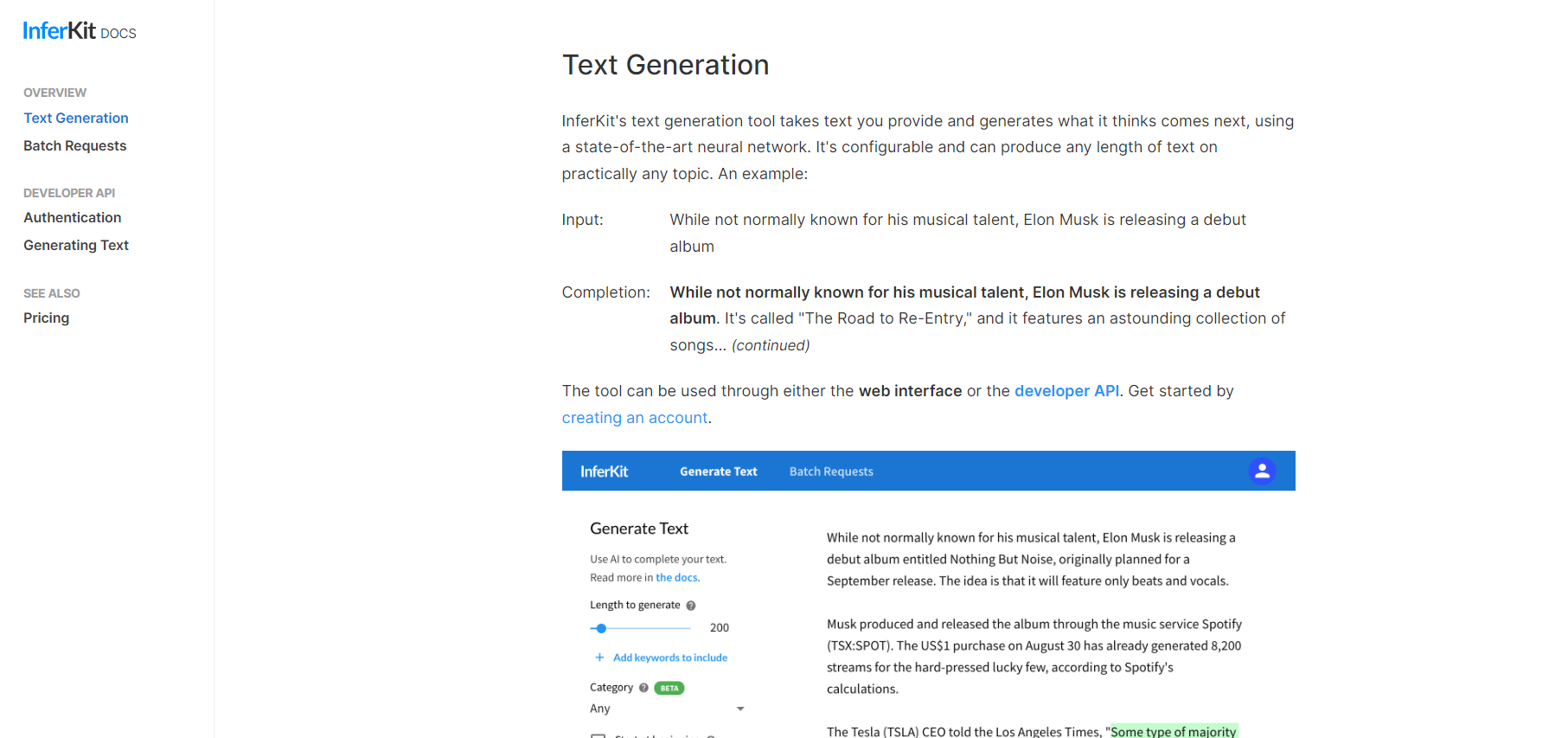 How InferKit's web interface works for text generation.