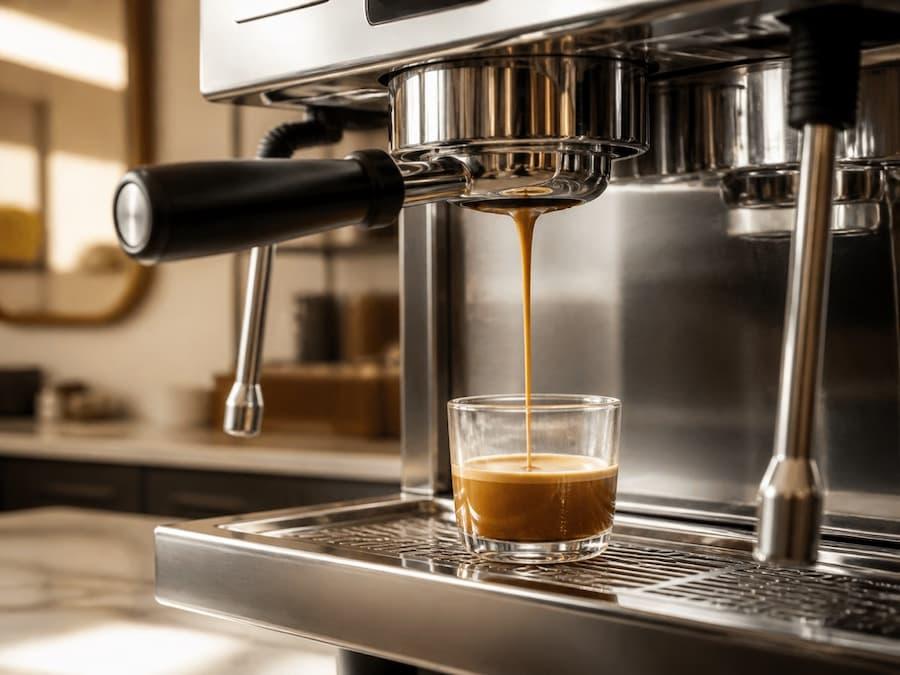 Lungo coffee extracting from an espresso machine into a clear glass