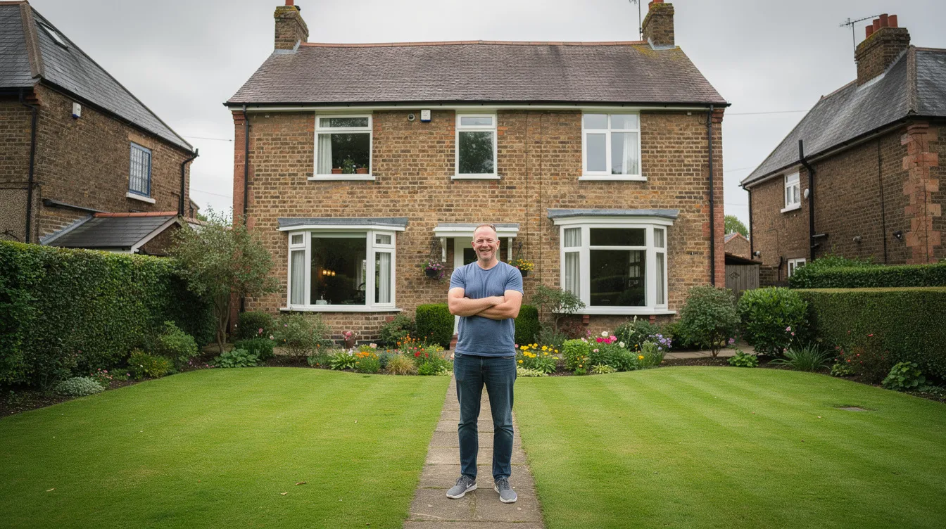 A happy UK homeowner stands proudly on their lush green lawn, showcasing the results of regular lawn care and maintenance. The vibrant outdoor space is complemented by colorful borders, reflecting the homeowner's dedication to achieving a beautiful lawn.
