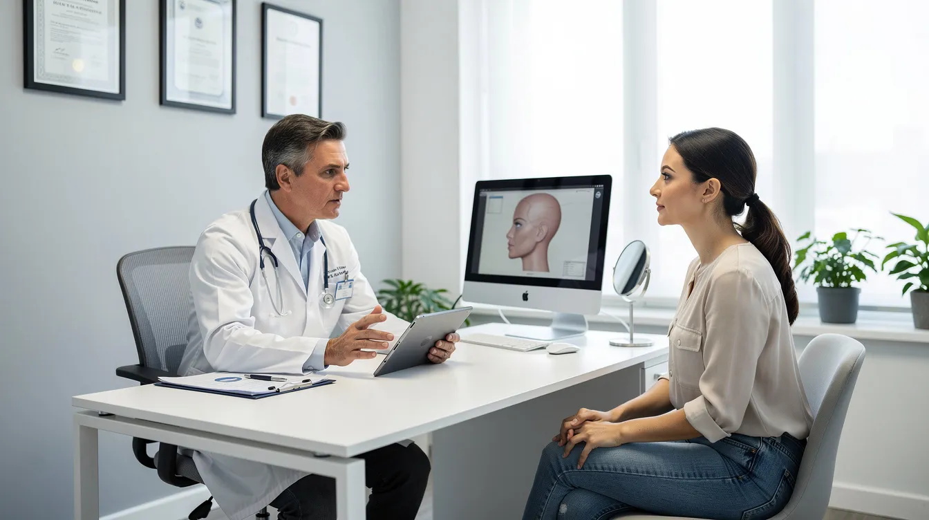 A woman is seated in a modern medical office, engaged in a consultation with a board-certified plastic surgeon about her options for breast augmentation and potential breast implant replacement surgery. The atmosphere is professional, with medical charts and models related to breast shape and implants visible in the background.