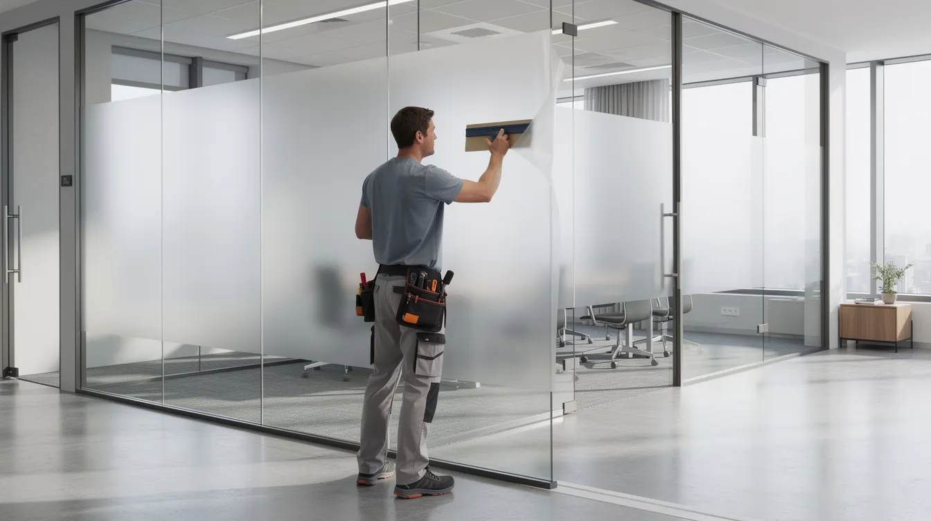 A professional installer is carefully applying frosted film to a large glass office partition in a modern commercial building, enhancing privacy and security for the workspace. This installation is part of a comprehensive information security program aimed at protecting customer data and complying with privacy laws.