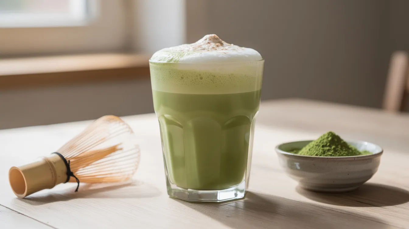 Ein veganer Matcha Latte mit Hafermilch in einem Glas, strahlend grün und mit cremigem Milchschaum obendrauf, steht auf einem hellen Holztisch in natürlichem Licht. Neben dem Getränk liegen ein Bambusbesen und eine kleine Schale mit Matcha Pulver, was die gemütliche Café-Atmosphäre unterstreicht.