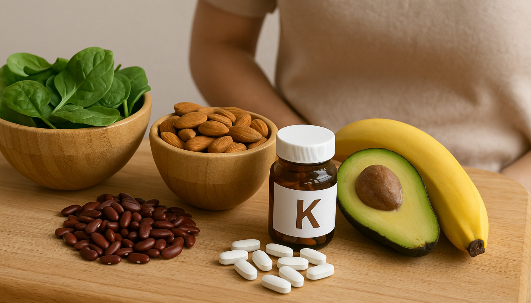 "Sunne matvarer rike på kalium som banan, avokado, spinat og mandler, vist sammen med kosttilskudd på kjøkkenbenk."