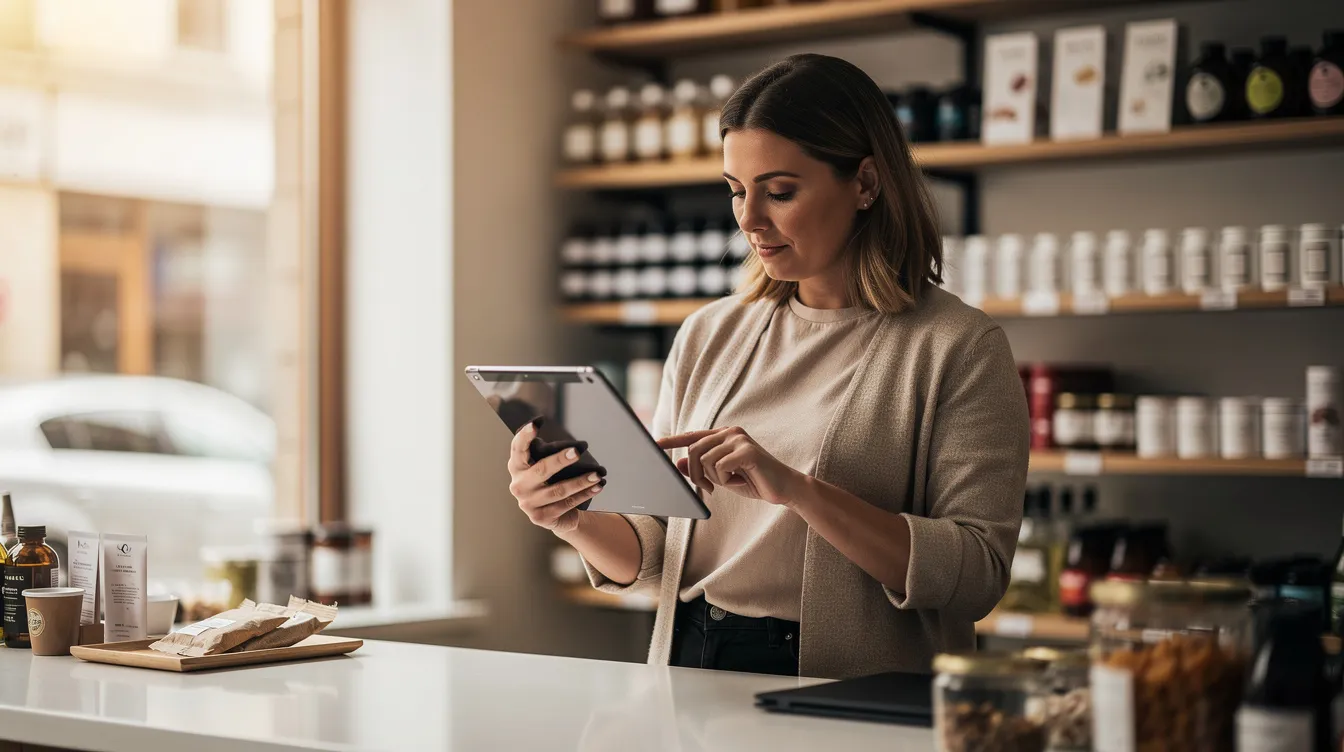 A small business owner stands at a store counter, using a tablet to manage transactions, with various products displayed in the background. The scene highlights the integration of online payments and payment processing options, such as credit card and digital wallet payments, essential for running a successful ecommerce platform.