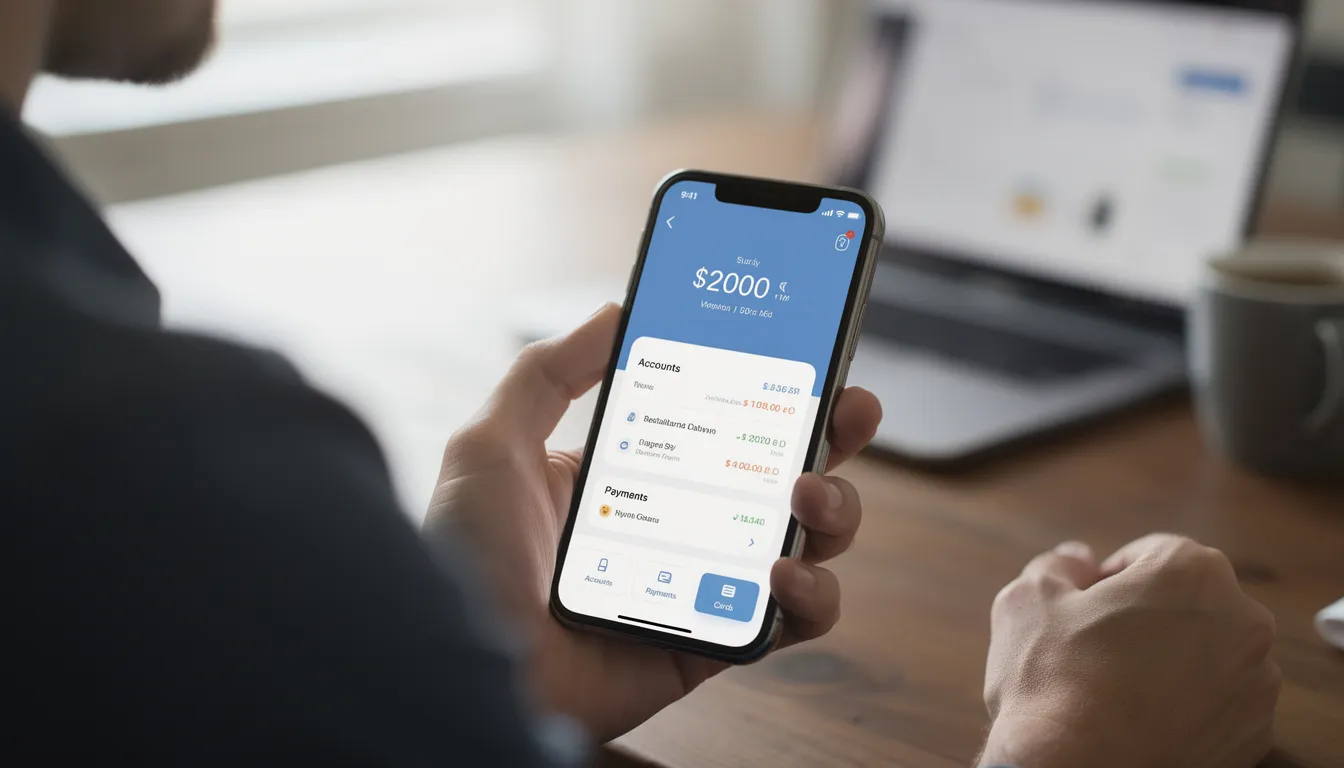 En person håller en smartphone med en öppen bankapp, vilket visar hur enkelt det är att hantera sina finanser online. Denna funktionalitet är viktig för spelare som vill göra insättningar och uttag på casino planet.